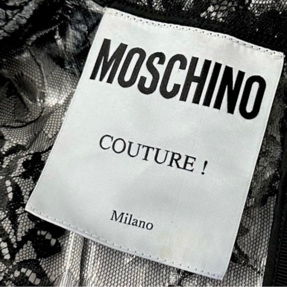 Moschino Couture Tiered Mermaid Long Black Plastic Coated Lace Dress - Picture 4 of 5